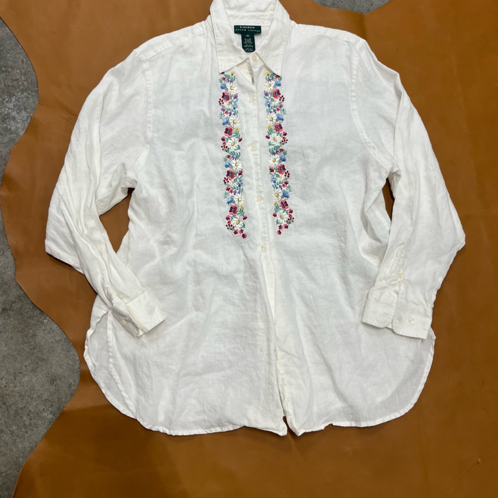 Lauren Ralph Lauren M White Embroidered Linen Button-Down Shirt